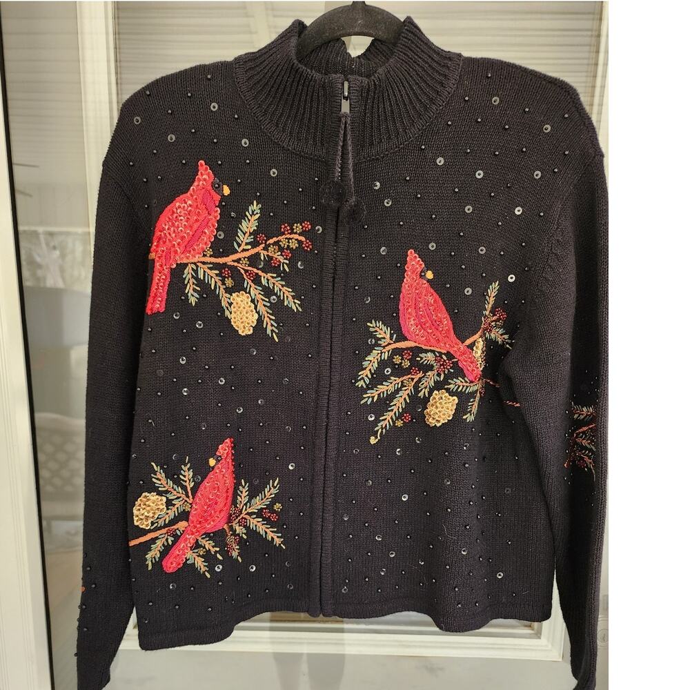 Vintage Heirloom Collectibles Black Cardigan LP Cardinal Sequin Bead Holiday
